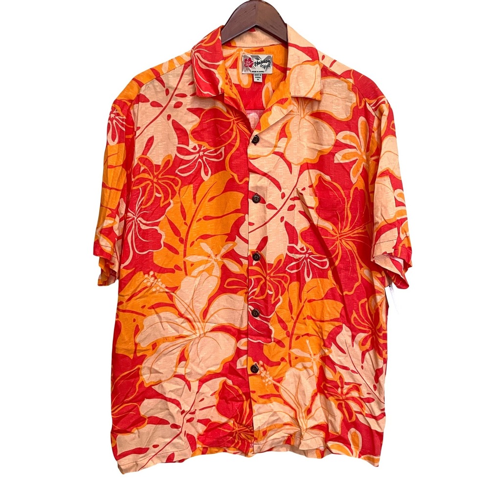Hilo Hattie Mens Aloha Hawaiian Shirt Orange Floral Rayon Made Hawaii NWT Size M